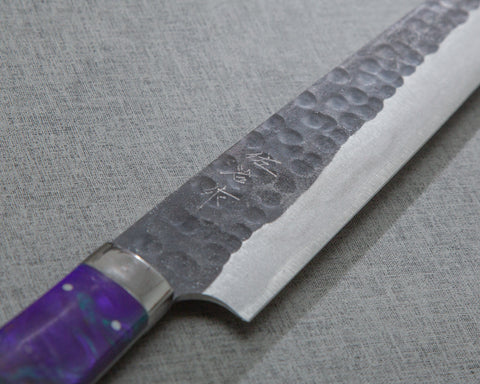 Takeshi Saji Aogami Super Kurouchi Tsuchime 240mm Sujihiki with Polished Fluorite Acrylic Handle