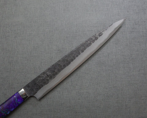 Takeshi Saji Aogami Super Kurouchi Tsuchime 240mm Sujihiki with Polished Fluorite Acrylic Handle