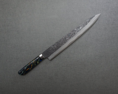 Takeshi Saji Aogami Super Kurouchi Tsuchime 270mm Sujihiki with Polished Twilight Blue Acrylic Handle
