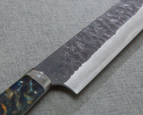 Takeshi Saji Aogami Super Kurouchi Tsuchime 270mm Sujihiki with Polished Twilight Blue Acrylic Handle