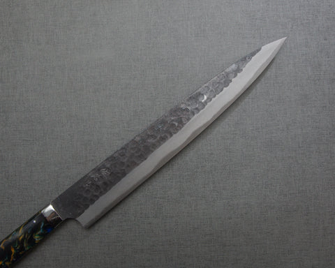 Takeshi Saji Aogami Super Kurouchi Tsuchime 270mm Sujihiki with Polished Twilight Blue Acrylic Handle