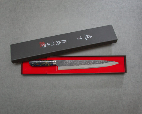 Takeshi Saji Aogami Super Kurouchi Tsuchime 270mm Sujihiki with Polished Twilight Blue Acrylic Handle