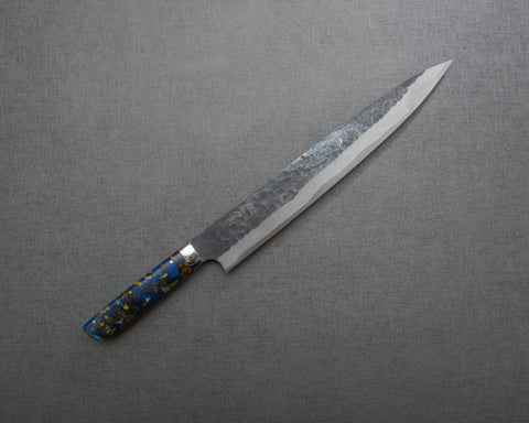 Takeshi Saji Aogami Super Kurouchi Tsuchime 270mm Sujihiki with Polished Flowing Blue and Yellow Acrylic Handle