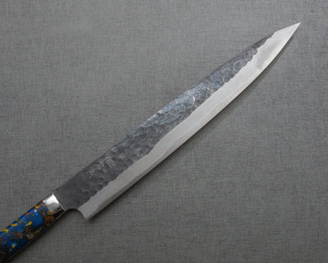 Takeshi Saji Aogami Super Kurouchi Tsuchime 270mm Sujihiki with Polished Flowing Blue and Yellow Acrylic Handle