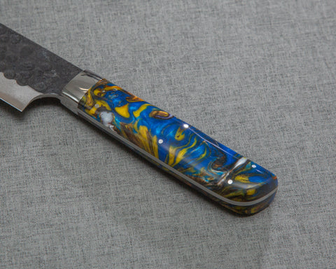 Takeshi Saji Aogami Super Kurouchi Tsuchime 270mm Sujihiki with Polished Flowing Blue and Yellow Acrylic Handle