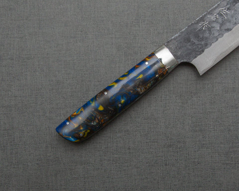 Takeshi Saji Aogami Super Kurouchi Tsuchime 270mm Sujihiki with Polished Flowing Blue and Yellow Acrylic Handle