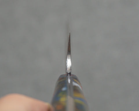Takeshi Saji Aogami Super Kurouchi Tsuchime 270mm Sujihiki with Polished Flowing Blue and Yellow Acrylic Handle