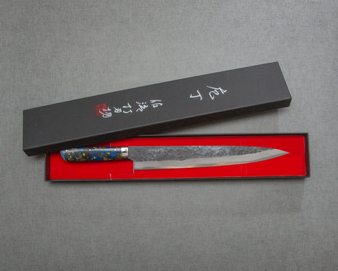 Takeshi Saji Aogami Super Kurouchi Tsuchime 270mm Sujihiki with Polished Flowing Blue and Yellow Acrylic Handle