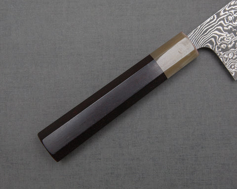 Takeshi Saji R2/SG2 Black Damascus Kiritsuke Gyuto with White Ebony Buffalo Horn Handle