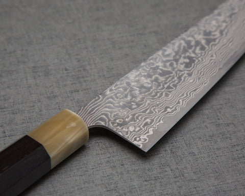 Takeshi Saji R2/SG2 Black Damascus Kiritsuke Gyuto with White Ebony Buffalo Horn Handle