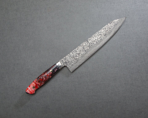 Takeshi Saji R2/SG2 Black Damascus 240mm Kiritsuke Gyuto with Polished Maroon Marble Acrylic Handle
