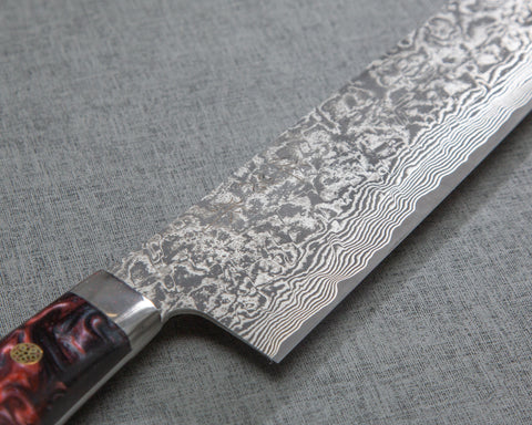 Takeshi Saji R2/SG2 Black Damascus 240mm Kiritsuke Gyuto with Polished Maroon Marble Acrylic Handle