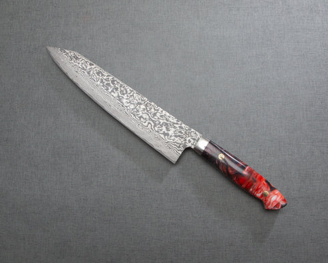 Takeshi Saji R2/SG2 Black Damascus 240mm Kiritsuke Gyuto with Polished Maroon Marble Acrylic Handle