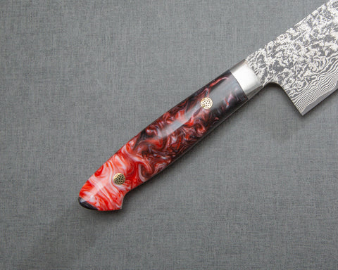 Takeshi Saji R2/SG2 Black Damascus 240mm Kiritsuke Gyuto with Polished Maroon Marble Acrylic Handle
