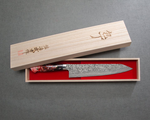 Takeshi Saji R2/SG2 Black Damascus 240mm Kiritsuke Gyuto with Polished Maroon Marble Acrylic Handle