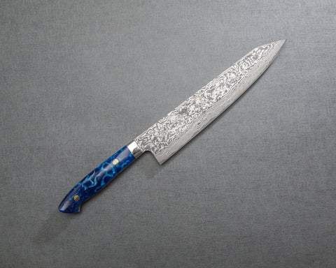 Takeshi Saji R2/SG2 Black Damascus 240mm Kiritsuke Gyuto with Polished Ocean Blue Acrylic Handle