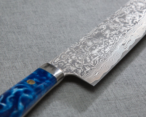 Takeshi Saji R2/SG2 Black Damascus 240mm Kiritsuke Gyuto with Polished Ocean Blue Acrylic Handle