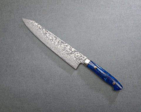 Takeshi Saji R2/SG2 Black Damascus 240mm Kiritsuke Gyuto with Polished Ocean Blue Acrylic Handle