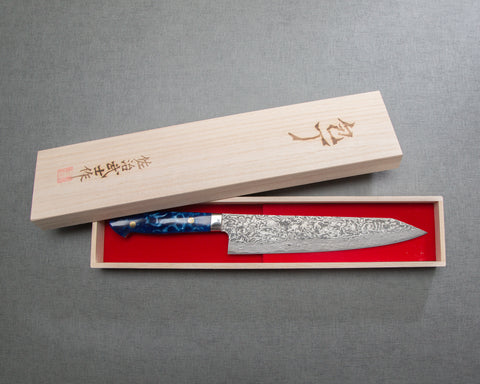 Takeshi Saji R2/SG2 Black Damascus 240mm Kiritsuke Gyuto with Polished Ocean Blue Acrylic Handle