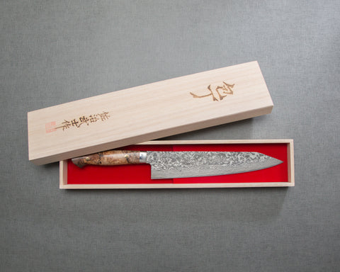 Takeshi Saji R2/SG2 Black Damascus 240mm Kiritsuke Gyuto with Stabilized Wood Handle