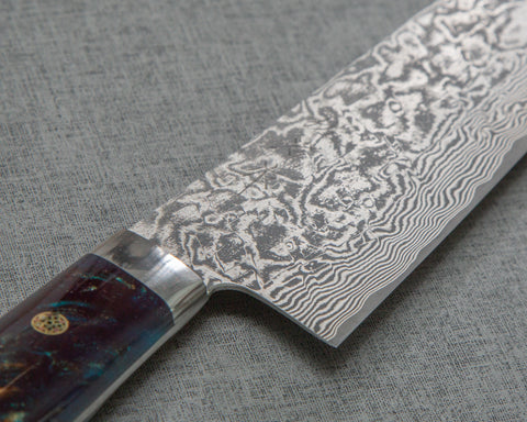 Takeshi Saji R2/SG2 Black Damascus 240mm Kiritsuke Gyuto with Polished Azurite Malachite Acrylic Handle