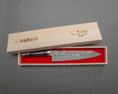 Takeshi Saji R2/SG2 Black Damascus 240mm Kiritsuke Gyuto with Polished Azurite Malachite Acrylic Handle