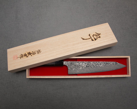 Takeshi Saji R2/SG2 Black Damascus Kiritsuke Gyuto with White Ebony Buffalo Horn Handle
