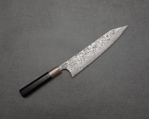 Takeshi Saji R2/SG2 Black Damascus Kiritsuke Gyuto with White Ebony Buffalo Horn Handle