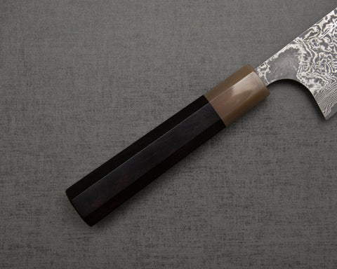 Takeshi Saji R2/SG2 Black Damascus Kiritsuke Gyuto with White Ebony Buffalo Horn Handle