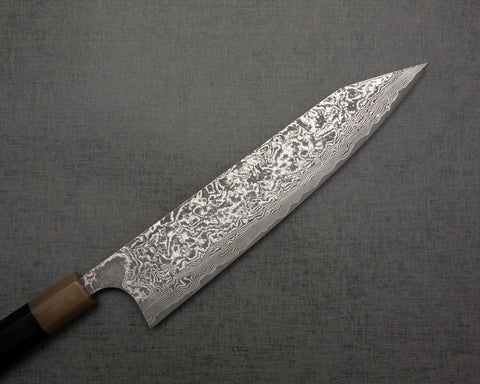 Takeshi Saji R2/SG2 Black Damascus Kiritsuke Gyuto with White Ebony Buffalo Horn Handle