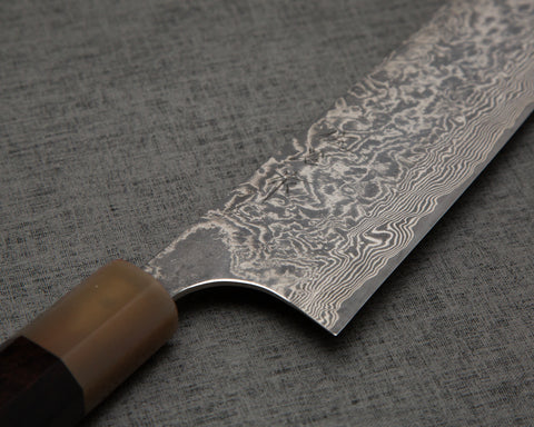 Takeshi Saji R2/SG2 Black Damascus Kiritsuke Gyuto with White Ebony Buffalo Horn Handle