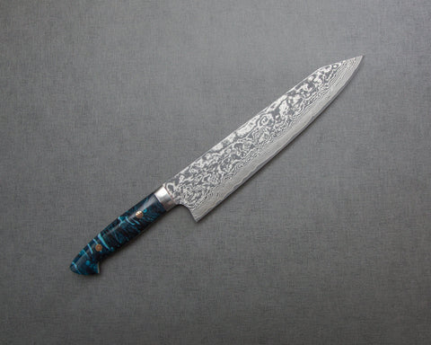 Takeshi Saji R2/SG2 Black Damascus 240mm Kiritsuke Gyuto with Polished Flowing Azure Acrylic Handle