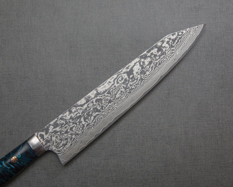 Takeshi Saji R2/SG2 Black Damascus 240mm Kiritsuke Gyuto with Polished Flowing Azure Acrylic Handle