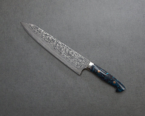 Takeshi Saji R2/SG2 Black Damascus 240mm Kiritsuke Gyuto with Polished Flowing Azure Acrylic Handle