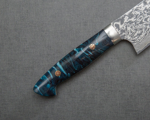 Takeshi Saji R2/SG2 Black Damascus 240mm Kiritsuke Gyuto with Polished Flowing Azure Acrylic Handle