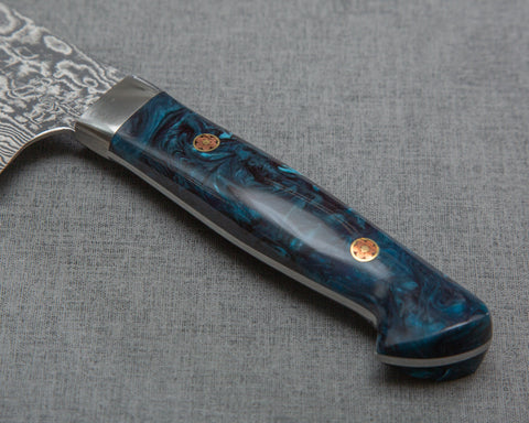 Takeshi Saji R2/SG2 Black Damascus 240mm Kiritsuke Gyuto with Polished Flowing Azure Acrylic Handle