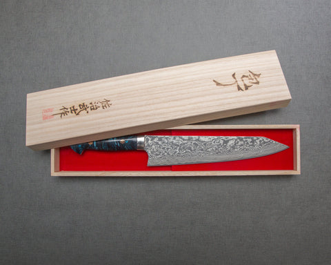 Takeshi Saji R2/SG2 Black Damascus 240mm Kiritsuke Gyuto with Polished Flowing Azure Acrylic Handle