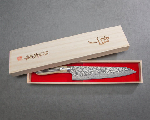 Takeshi Saji R2/SG2 Black Damascus 240mm Kiritsuke with White Stag Bone Handle