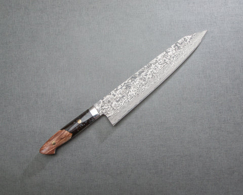 Takeshi Saji R2/SG2 Black Damascus 270mm Kiritsuke Gyuto with Stabilized Wood / Polished Pearl Black Emperador Acrylic Handle