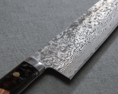 Takeshi Saji R2/SG2 Black Damascus 270mm Kiritsuke Gyuto with Stabilized Wood / Polished Pearl Black Emperador Acrylic Handle