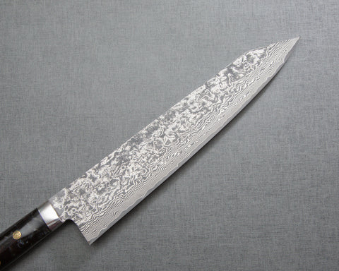 Takeshi Saji R2/SG2 Black Damascus 270mm Kiritsuke Gyuto with Stabilized Wood / Polished Pearl Black Emperador Acrylic Handle
