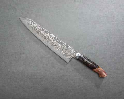 Takeshi Saji R2/SG2 Black Damascus 270mm Kiritsuke Gyuto with Stabilized Wood / Polished Pearl Black Emperador Acrylic Handle