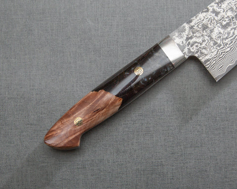 Takeshi Saji R2/SG2 Black Damascus 270mm Kiritsuke Gyuto with Stabilized Wood / Polished Pearl Black Emperador Acrylic Handle