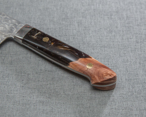 Takeshi Saji R2/SG2 Black Damascus 270mm Kiritsuke Gyuto with Stabilized Wood / Polished Pearl Black Emperador Acrylic Handle