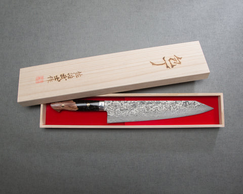 Takeshi Saji R2/SG2 Black Damascus 270mm Kiritsuke Gyuto with Stabilized Wood / Polished Pearl Black Emperador Acrylic Handle