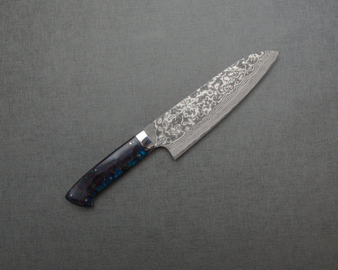 Takeshi Saji R2/SG2 Black Damascus 165mm Santoku with Polished Twilight Blue Acrylic Handle