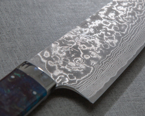 Takeshi Saji R2/SG2 Black Damascus 165mm Santoku with Polished Twilight Blue Acrylic Handle