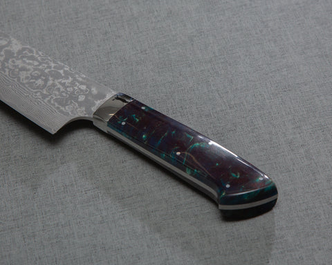 Takeshi Saji R2/SG2 Black Damascus 165mm Santoku with Polished Twilight Blue Acrylic Handle