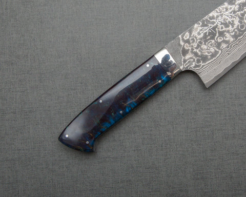 Takeshi Saji R2/SG2 Black Damascus 165mm Santoku with Polished Twilight Blue Acrylic Handle