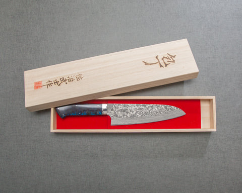 Takeshi Saji R2/SG2 Black Damascus 165mm Santoku with Polished Twilight Blue Acrylic Handle